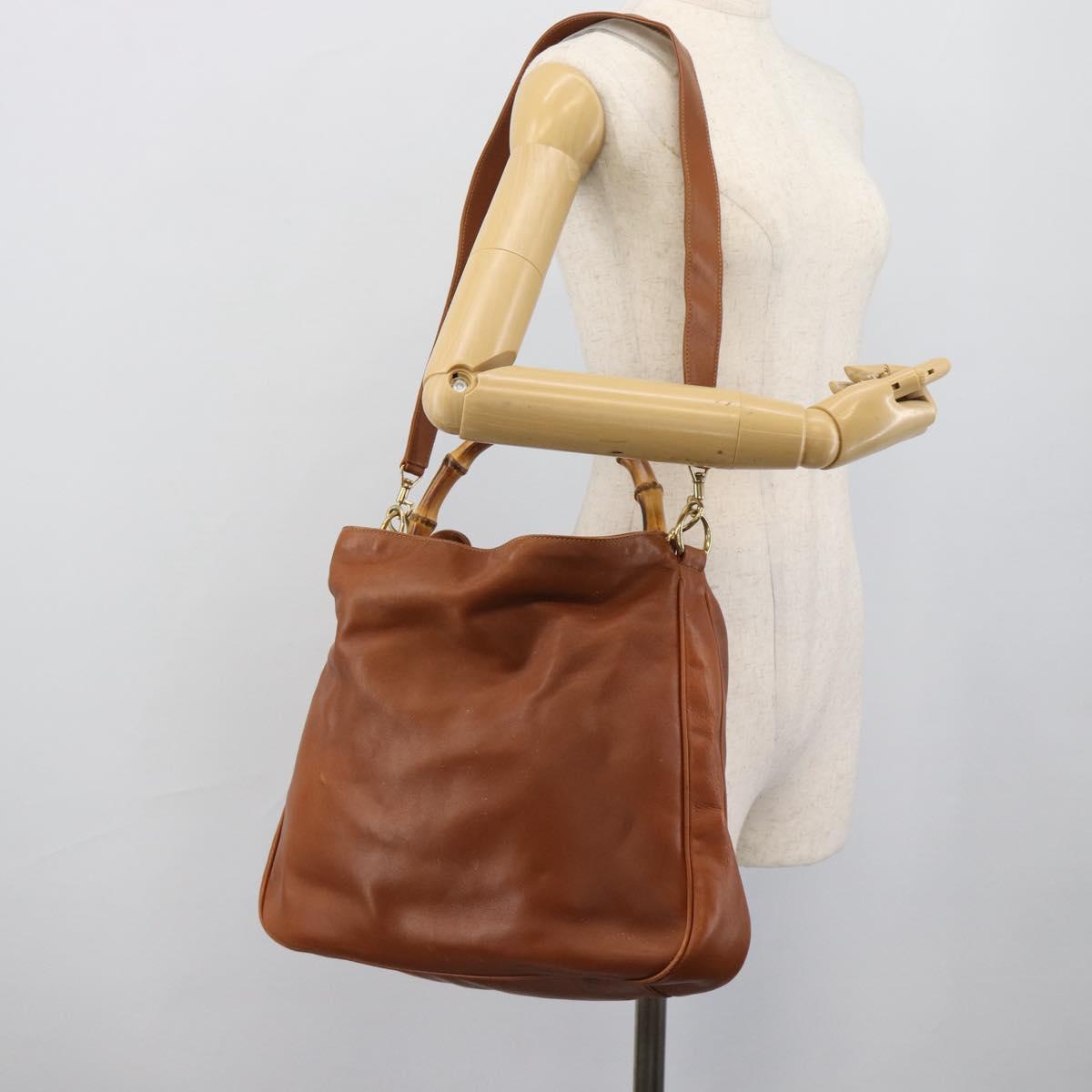 GUCCI Bamboo Shoulder Bag Leather 2way Brown Gold 001 2404 1577 Auth 189682