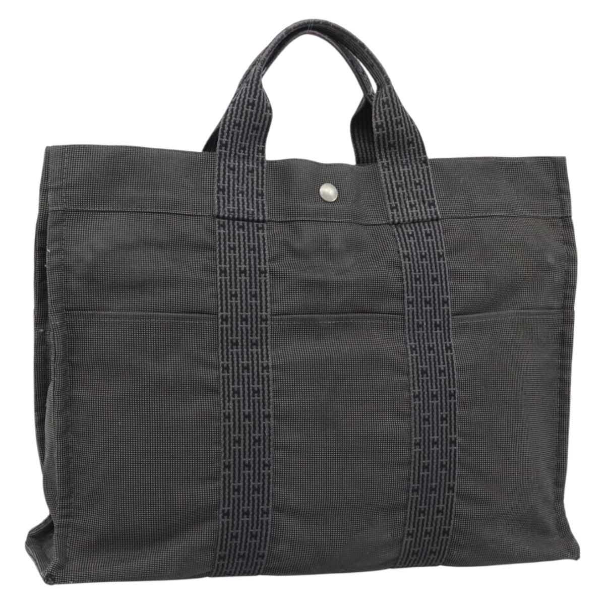 HERMES Her Line MM Hand Bag Canvas Gray Silver Auth 189686