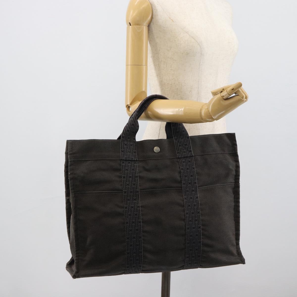 HERMES Her Line MM Hand Bag Canvas Gray Silver Auth 189686