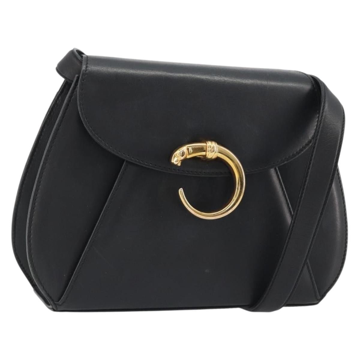 CARTIER PANTHERE Shoulder Bag Leather Black Gold Auth 189690A