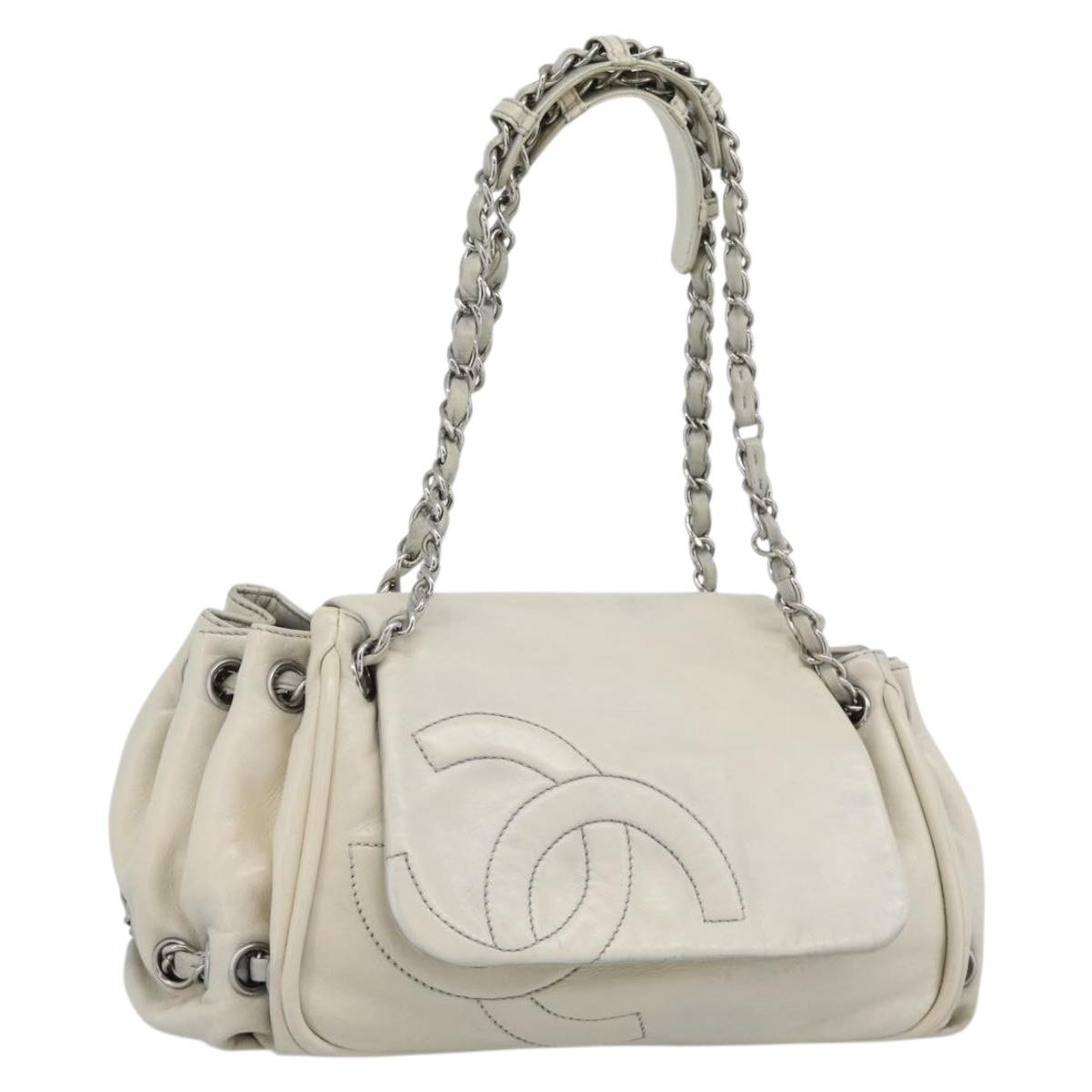 CHANEL Chain Shoulder Bag Leather White Silver CC Auth 189691