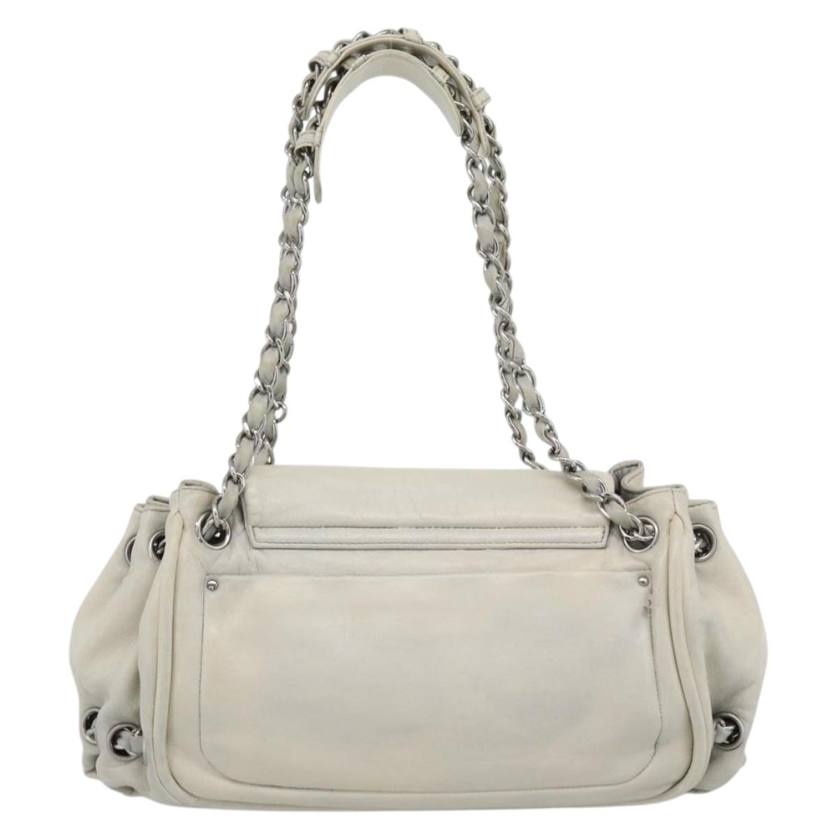 CHANEL Chain Shoulder Bag Leather White Silver CC Auth 189691