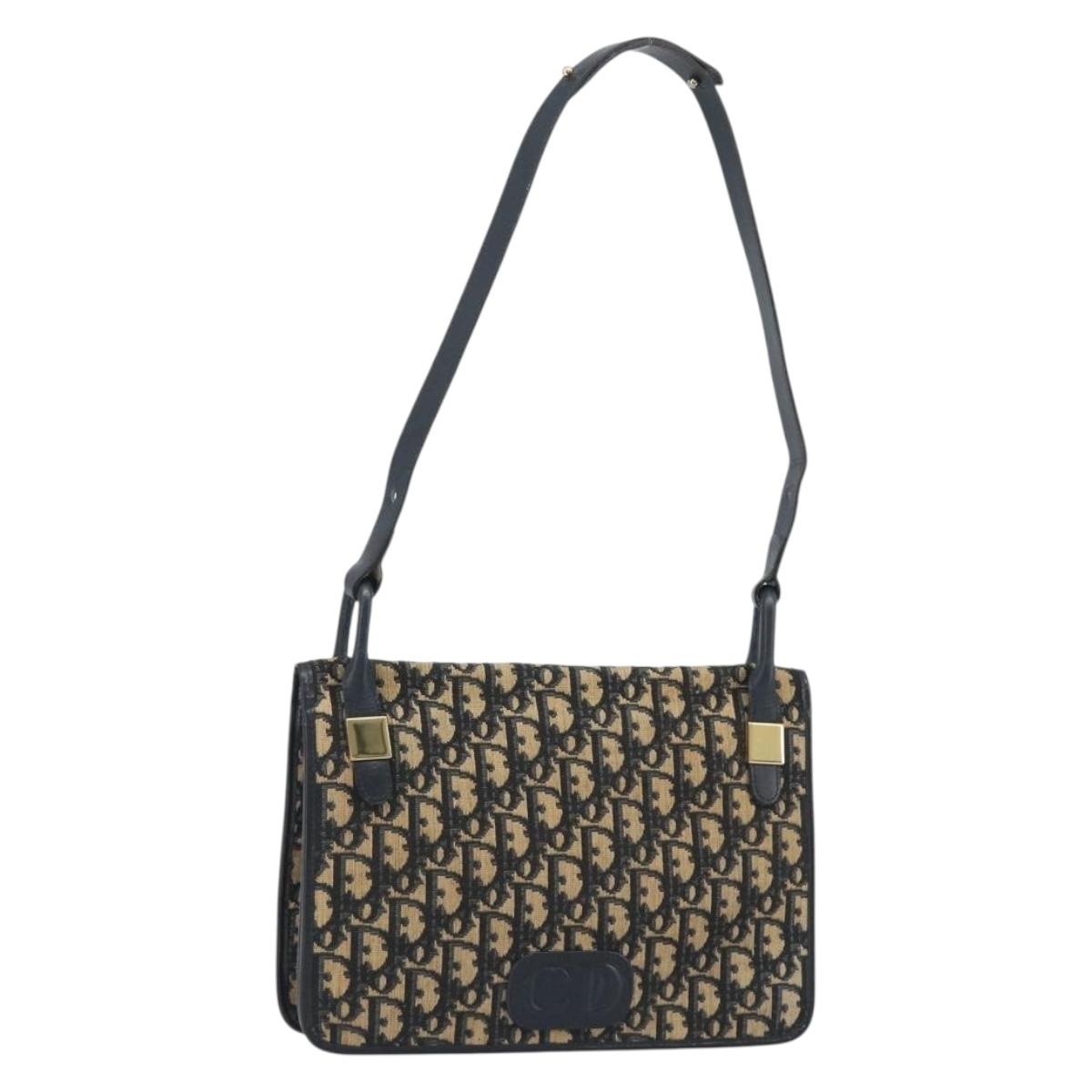 Christian Dior Trotter Canvas Shoulder Bag Navy Gold Auth 189692