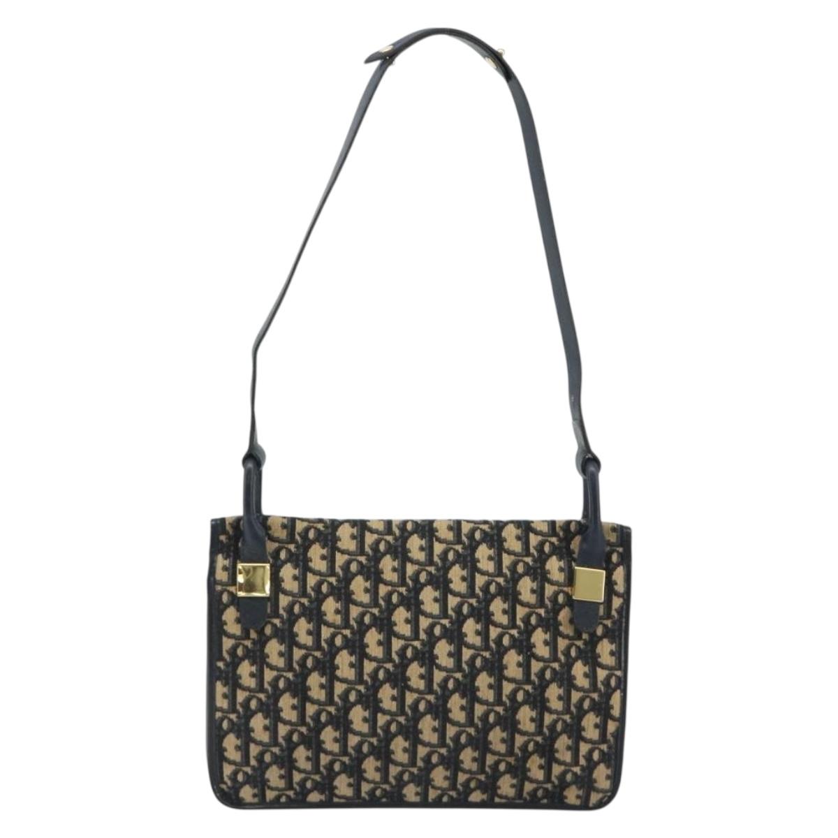 Christian Dior Trotter Canvas Shoulder Bag Navy Gold Auth 189692