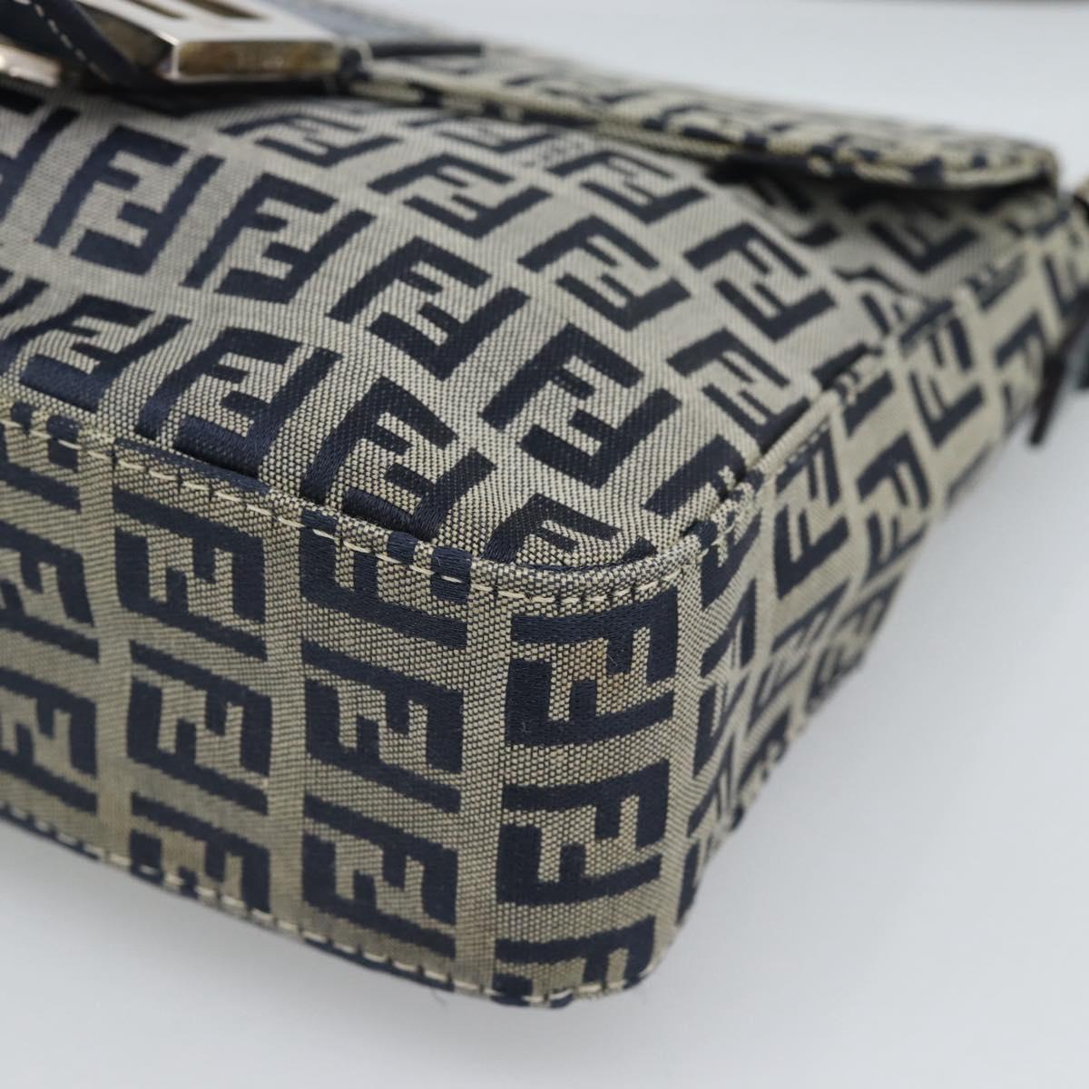 FENDI Zucchino Canvas Mamma Baguette Shoulder Bag Navy Silver Auth 189693V