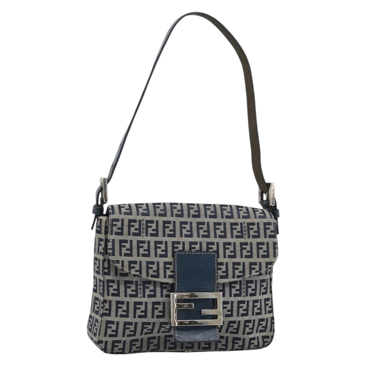 FENDI Zucchino Canvas Mamma Baguette Shoulder Bag Navy Silver Auth 189693V