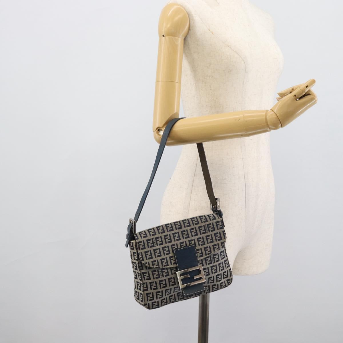 FENDI Zucchino Canvas Mamma Baguette Shoulder Bag Navy Silver Auth 189693V