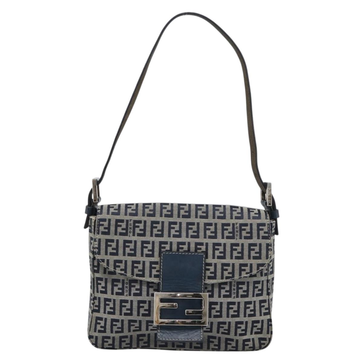 FENDI Zucchino Canvas Mamma Baguette Shoulder Bag Navy Silver Auth 189693V