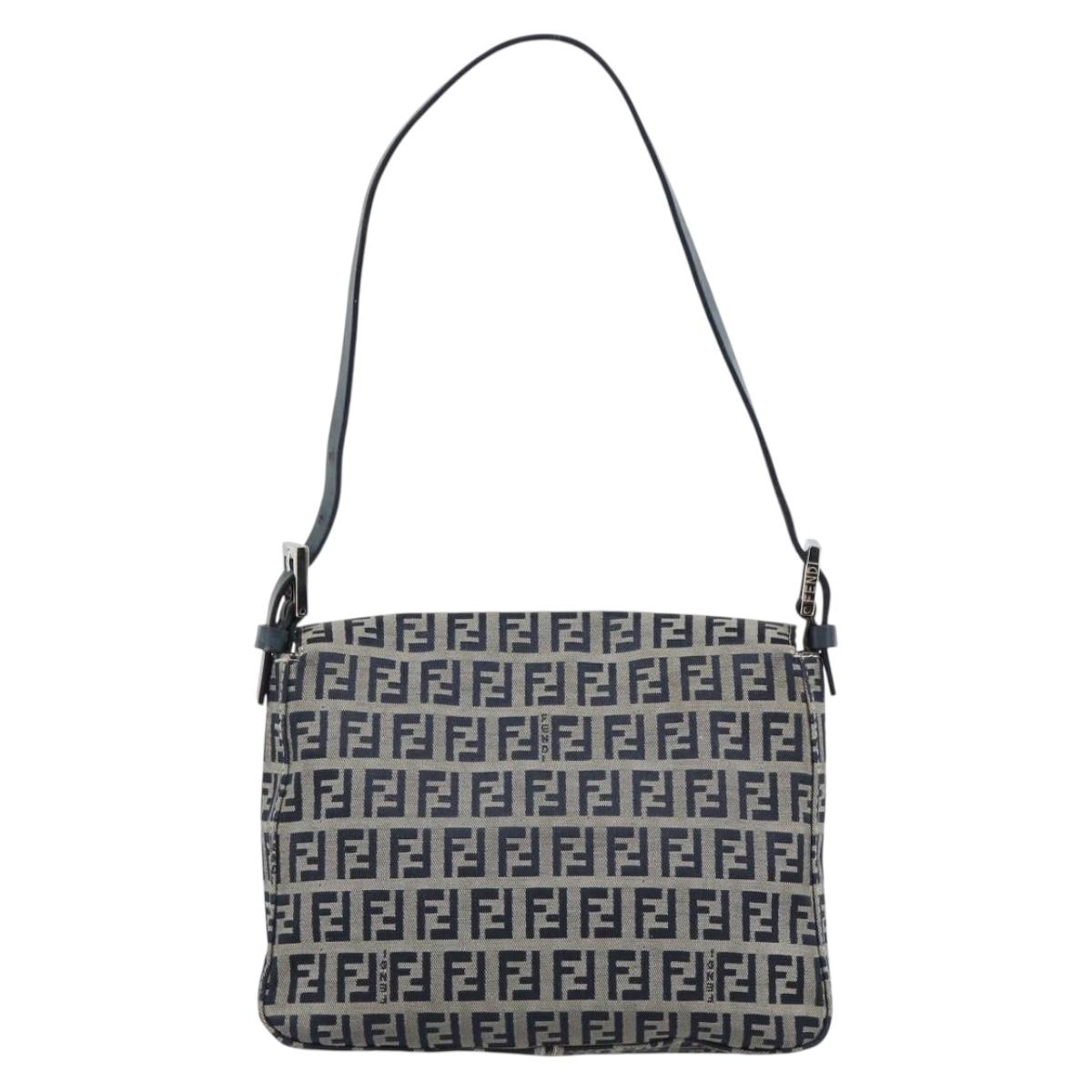 FENDI Zucchino Canvas Mamma Baguette Shoulder Bag Navy Silver Auth 189693V