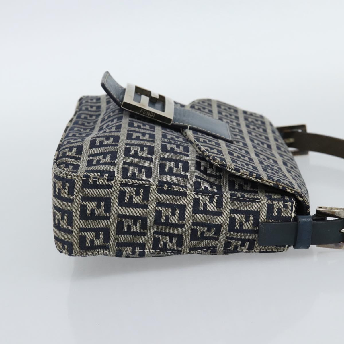 FENDI Zucchino Canvas Mamma Baguette Shoulder Bag Navy Silver Auth 189693V