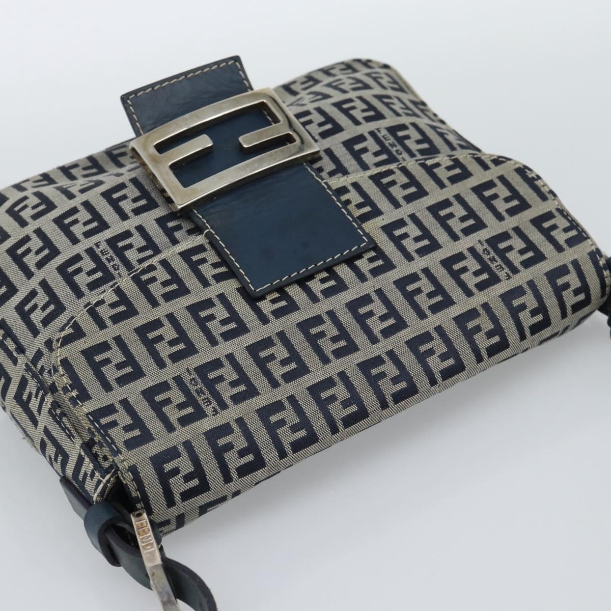 FENDI Zucchino Canvas Mamma Baguette Shoulder Bag Navy Silver Auth 189693V