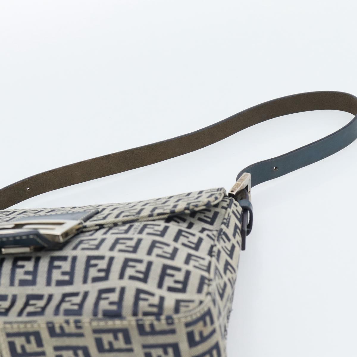 FENDI Zucchino Canvas Mamma Baguette Shoulder Bag Navy Silver Auth 189693V