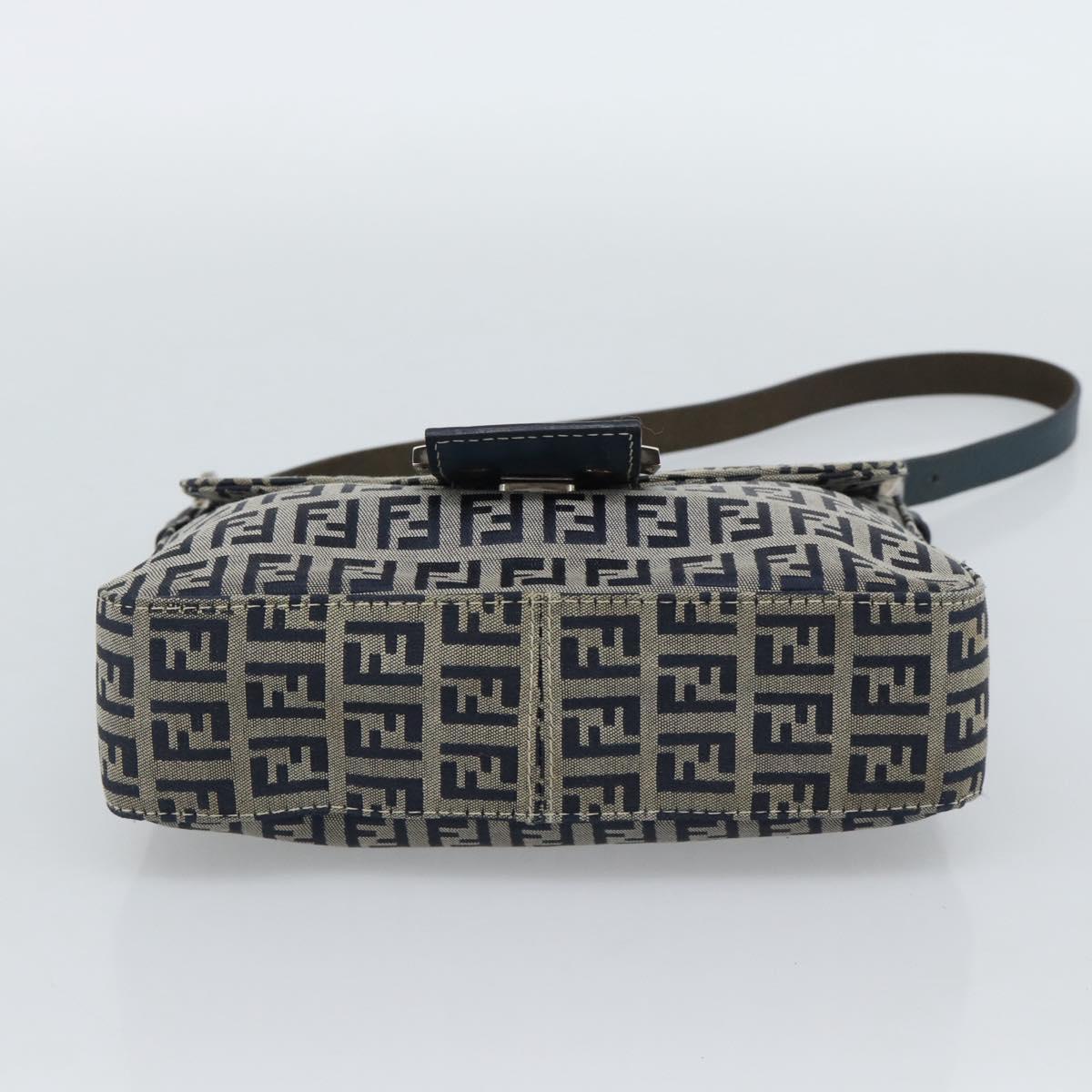 FENDI Zucchino Canvas Mamma Baguette Shoulder Bag Navy Silver Auth 189693V