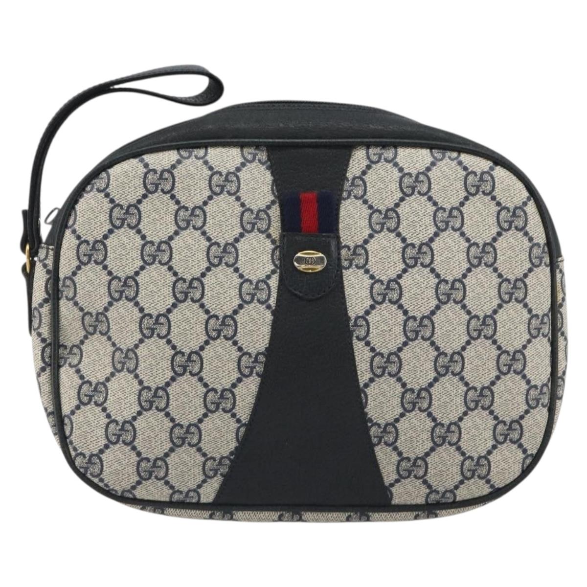 GUCCI GG Supreme Sherry Line Clutch Bag PVC Navy Gold 89 01 034 Auth 189696