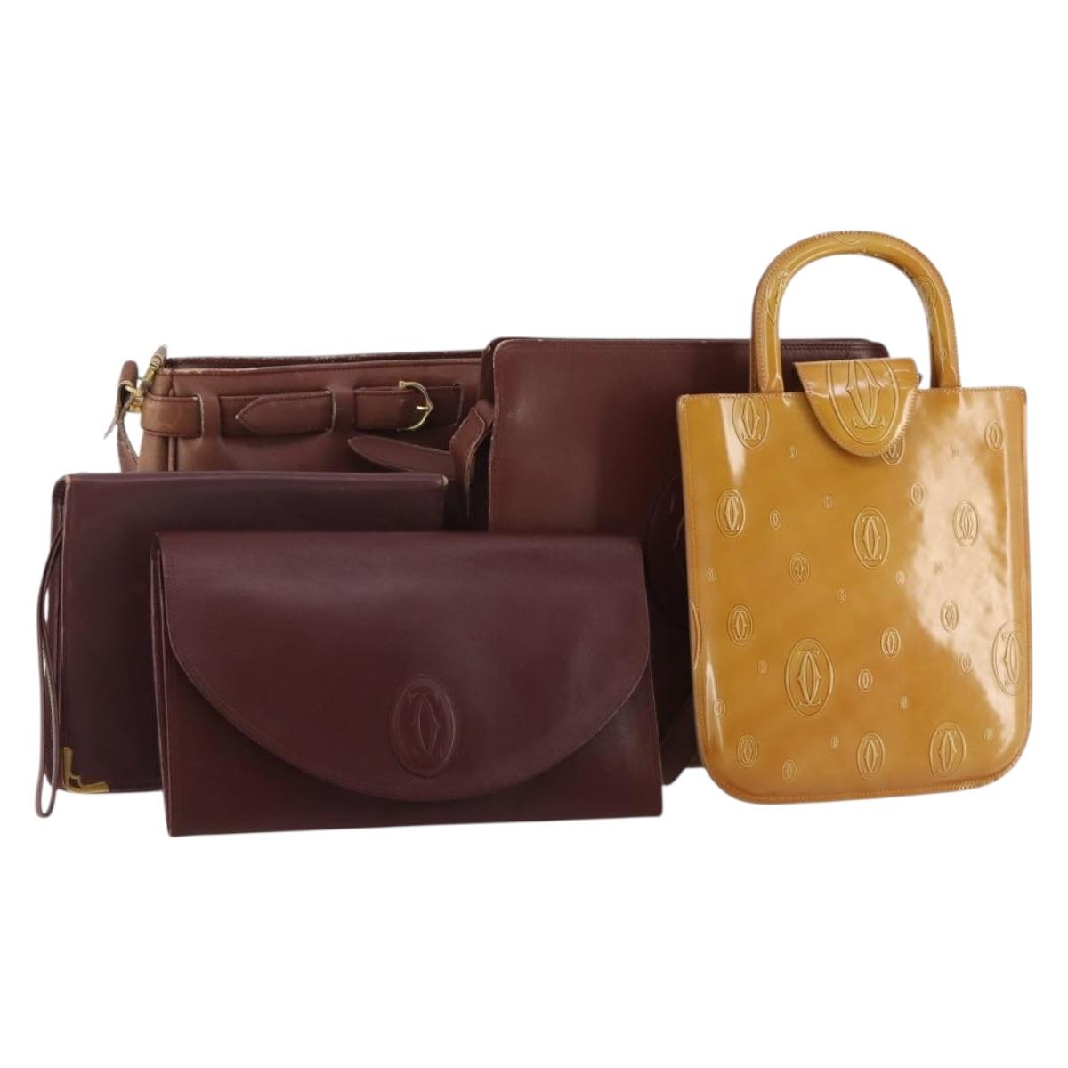CARTIER Must Line Shoulder Bag Leather 5 Set Bordeaux Beige Auth 189700