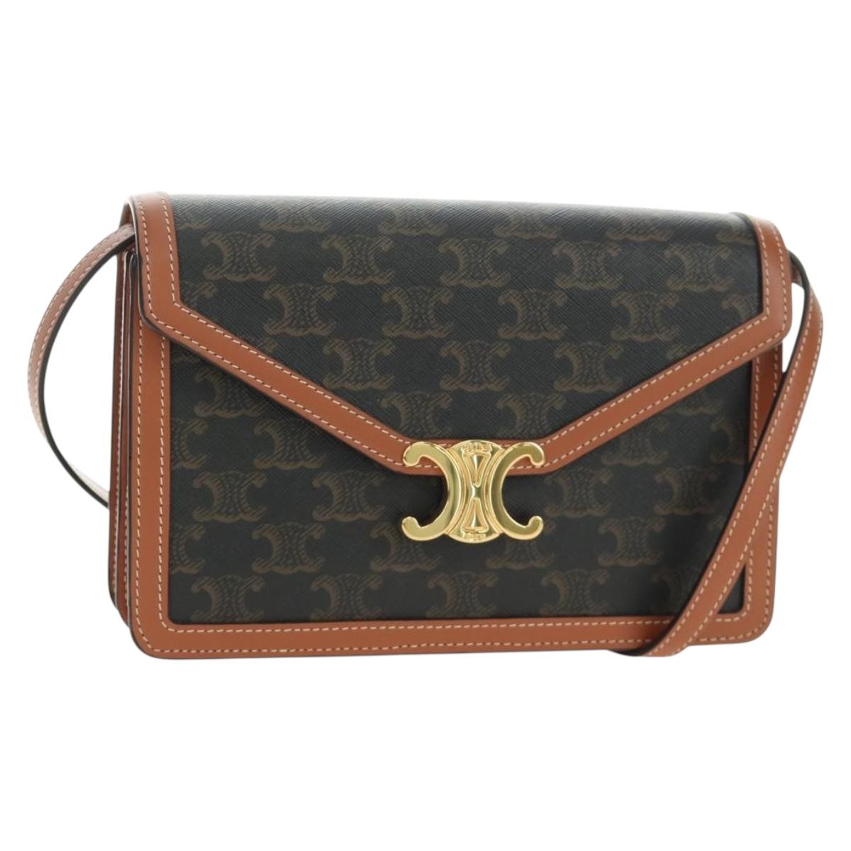 CELINE Macadam Canvas Trionfenvelope Shoulder Bag PVC Black Gold Auth 189718SM