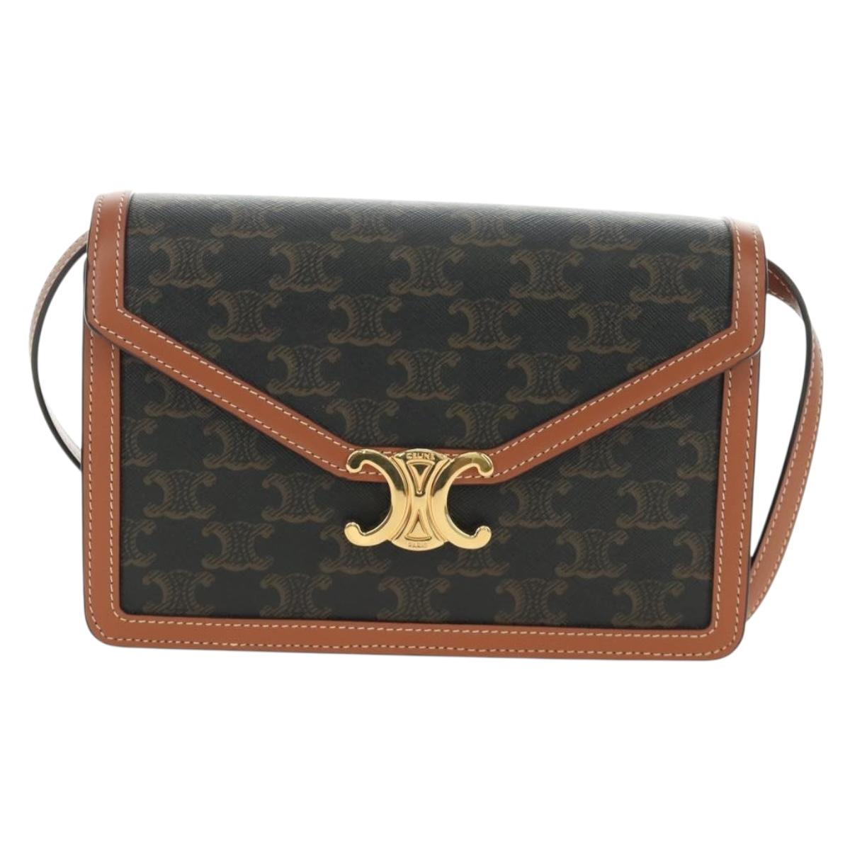 CELINE Macadam Canvas Trionfenvelope Shoulder Bag PVC Black Gold Auth 189718SM