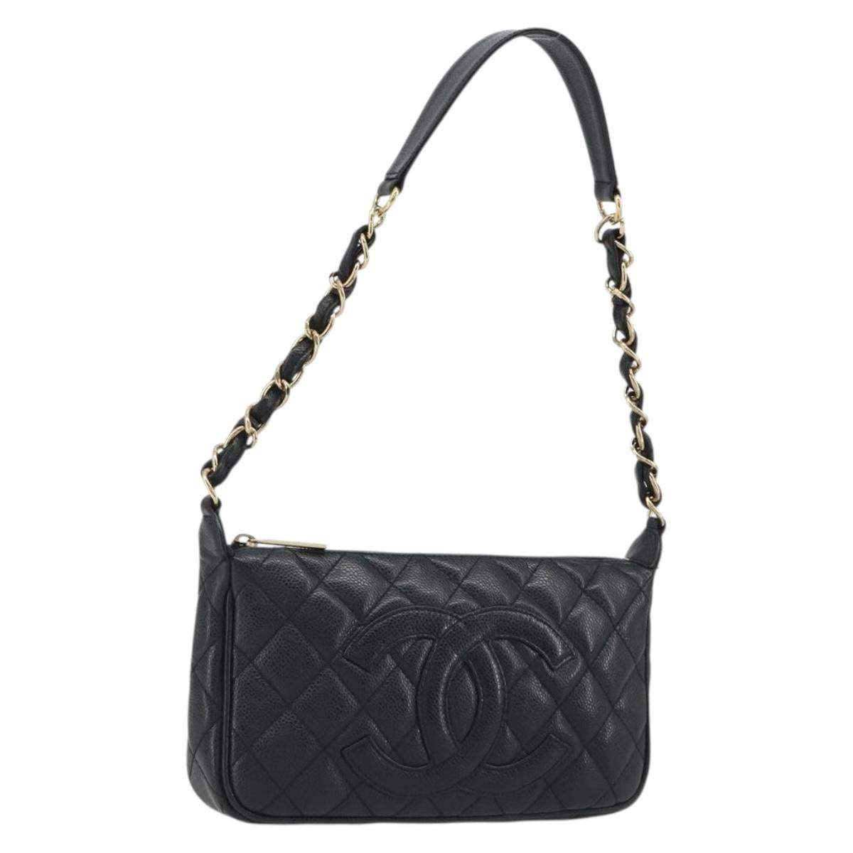 CHANEL Matelasse Chain Shoulder Bag Caviar Skin Black Gold CC Auth 189723V