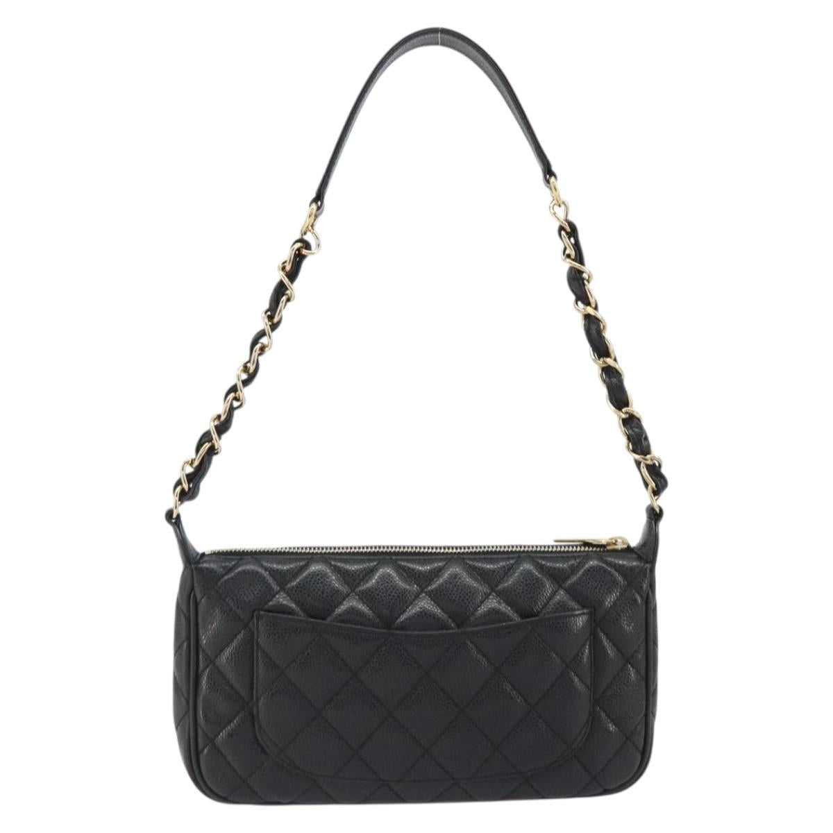 CHANEL Matelasse Chain Shoulder Bag Caviar Skin Black Gold CC Auth 189723V