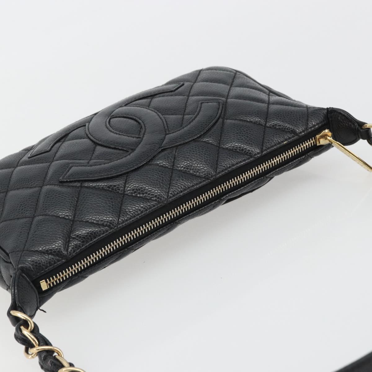 CHANEL Matelasse Chain Shoulder Bag Caviar Skin Black Gold CC Auth 189723V
