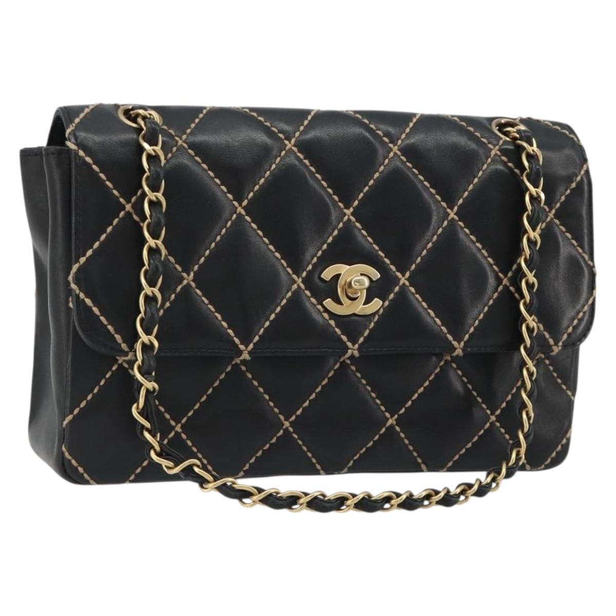 CHANEL Wild Stitch Chain Shoulder Bag Leather Black Gold CC Auth 189724V