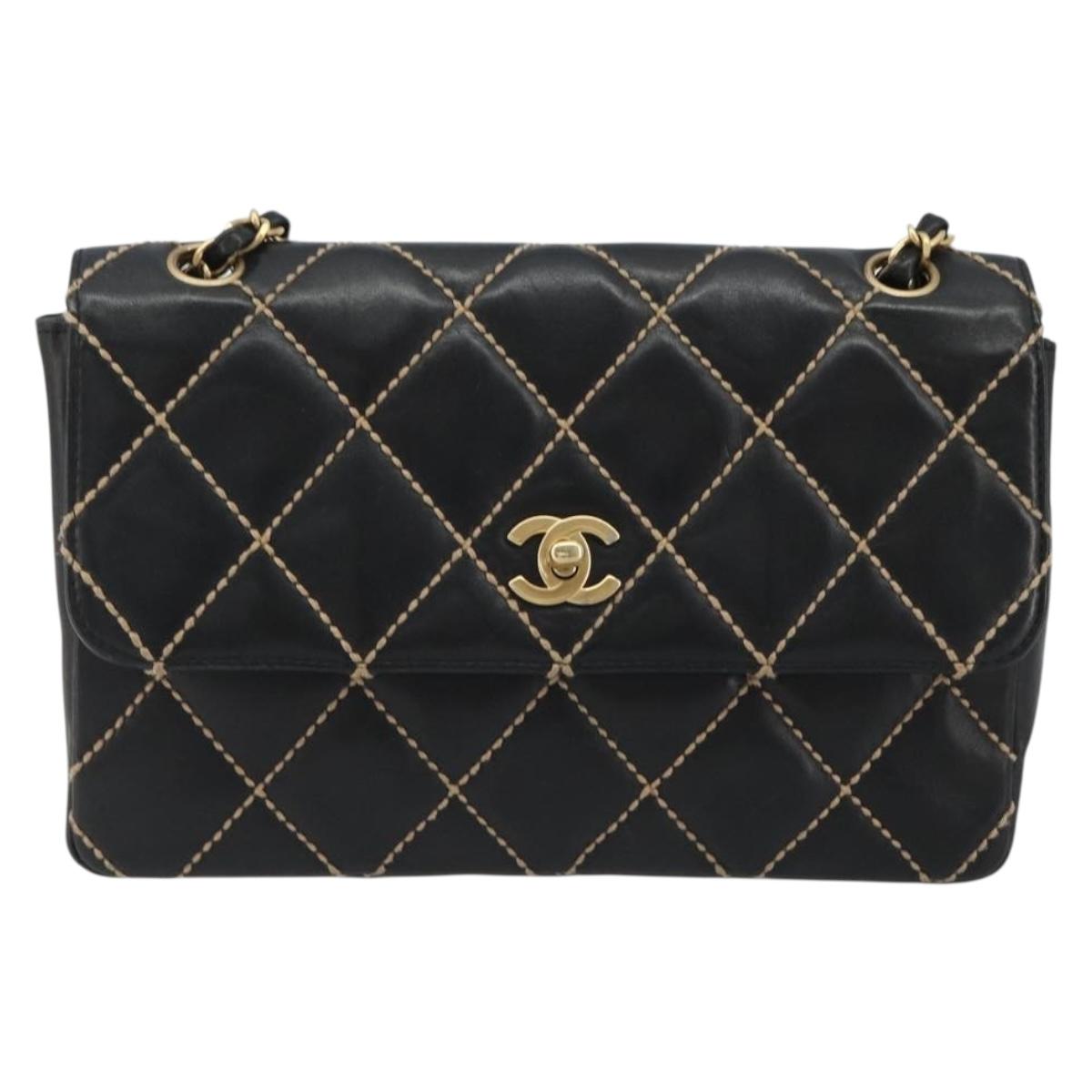 CHANEL Wild Stitch Chain Shoulder Bag Leather Black Gold CC Auth 189724V