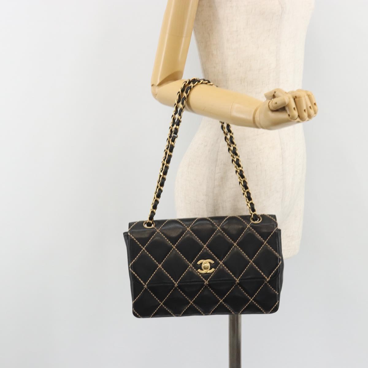 CHANEL Wild Stitch Chain Shoulder Bag Leather Black Gold CC Auth 189724V