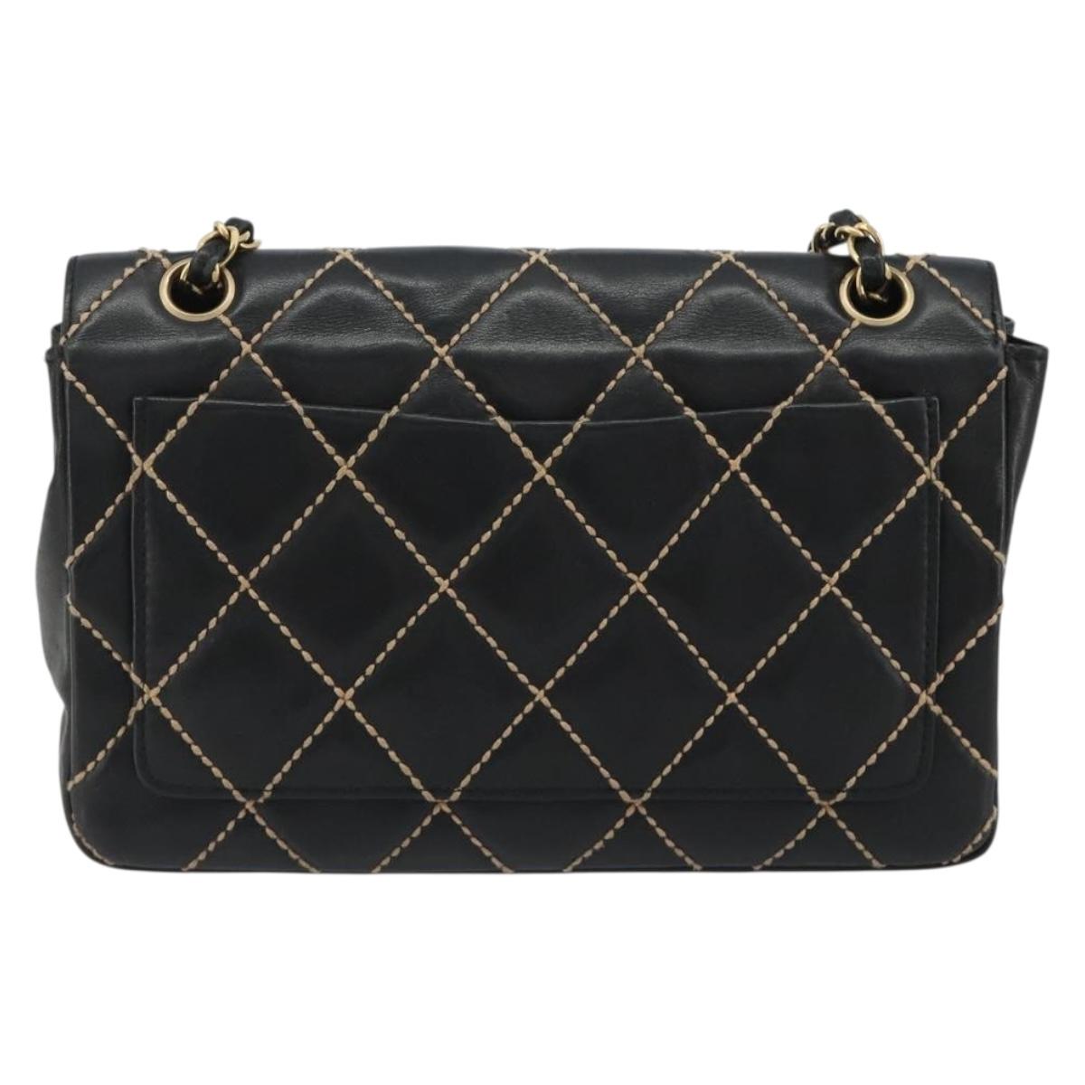 CHANEL Wild Stitch Chain Shoulder Bag Leather Black Gold CC Auth 189724V