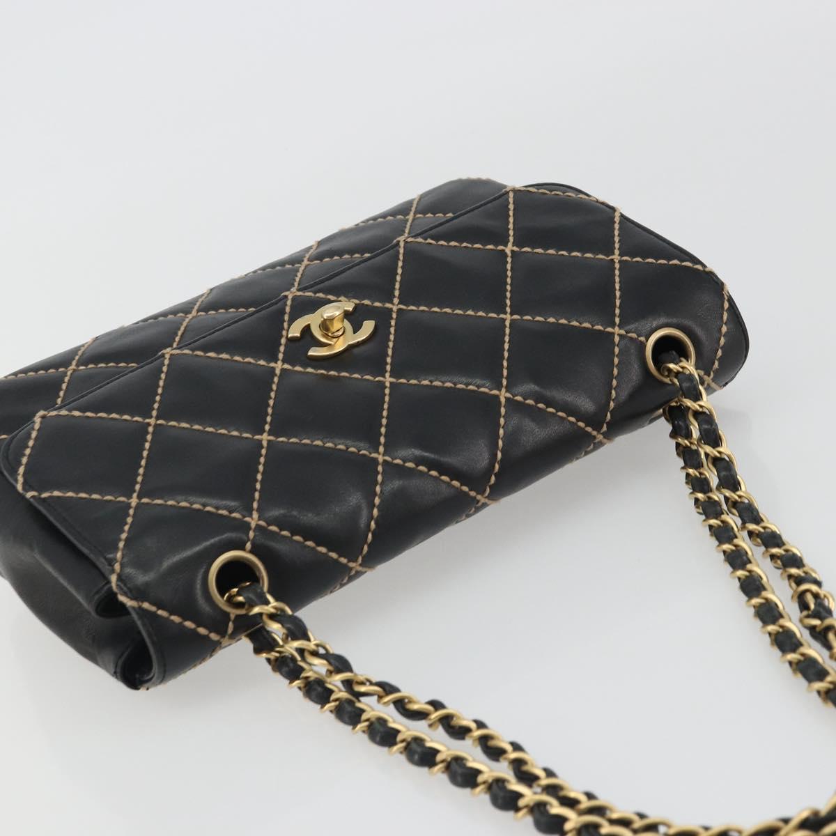 CHANEL Wild Stitch Chain Shoulder Bag Leather Black Gold CC Auth 189724V