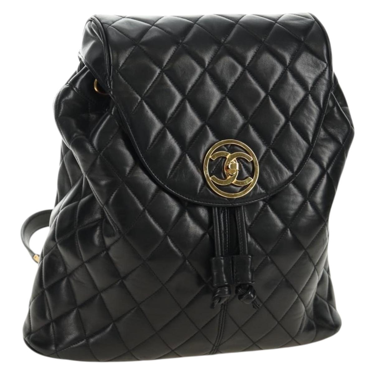 CHANEL Matelasse Backpack Lamb Skin Black Gold CC Auth 189728V