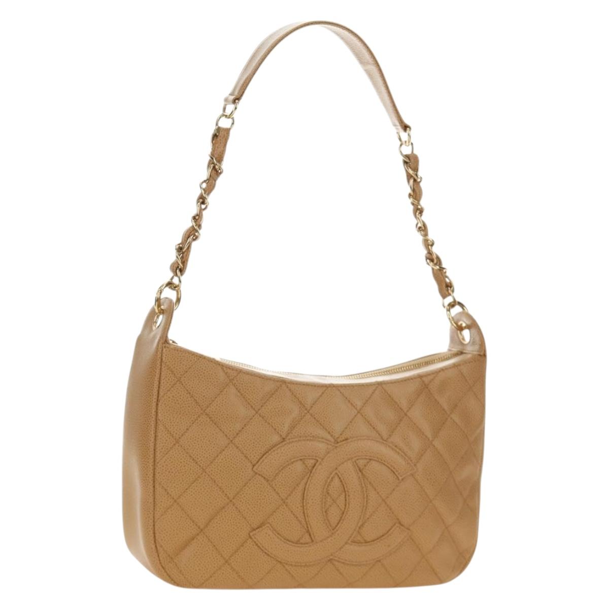 CHANEL Matelasse Chain Shoulder Bag Caviar Skin Beige Gold CC Auth 189729SV