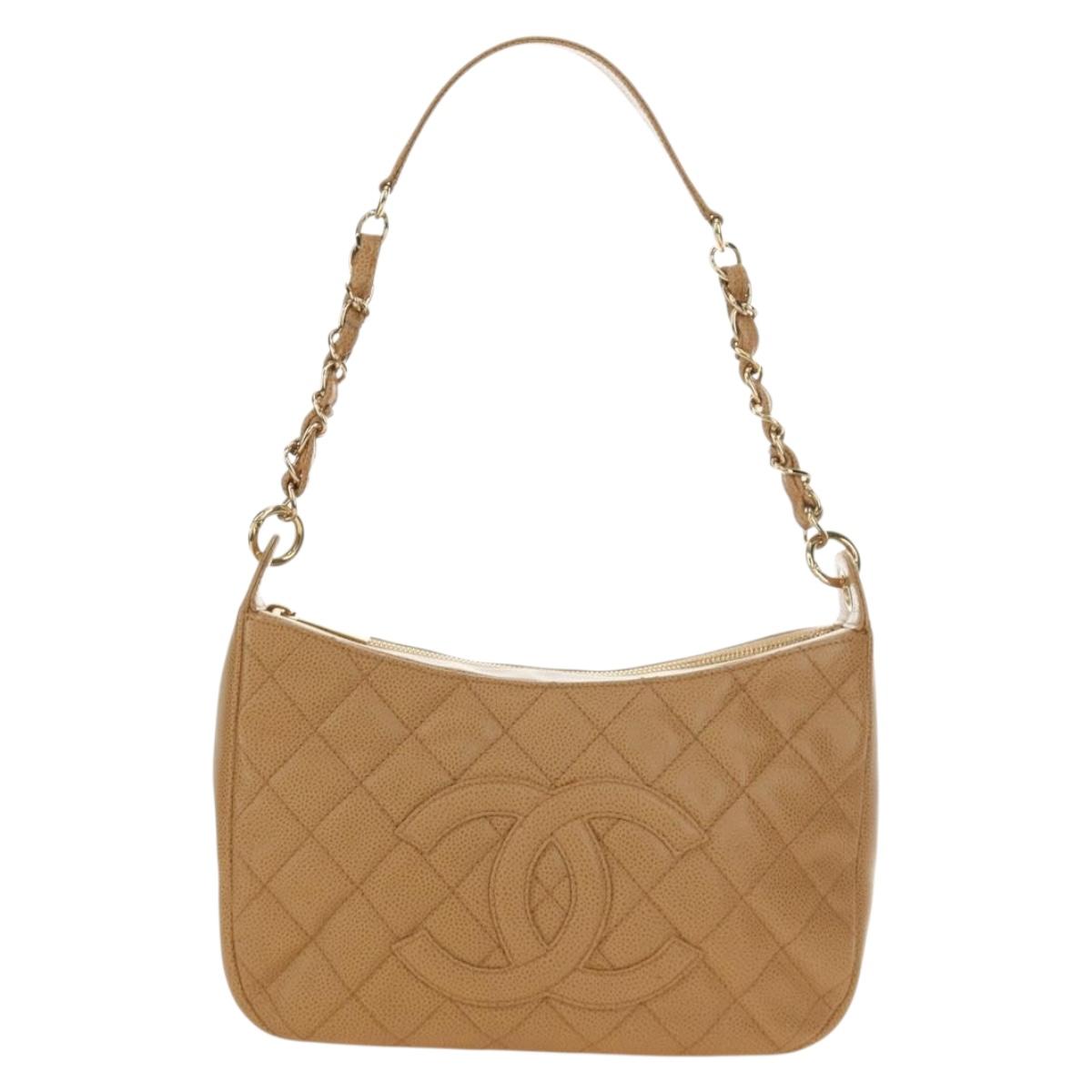 CHANEL Matelasse Chain Shoulder Bag Caviar Skin Beige Gold CC Auth 189729SV