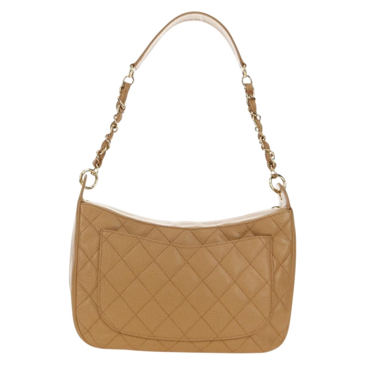 CHANEL Matelasse Chain Shoulder Bag Caviar Skin Beige Gold CC Auth 189729SV