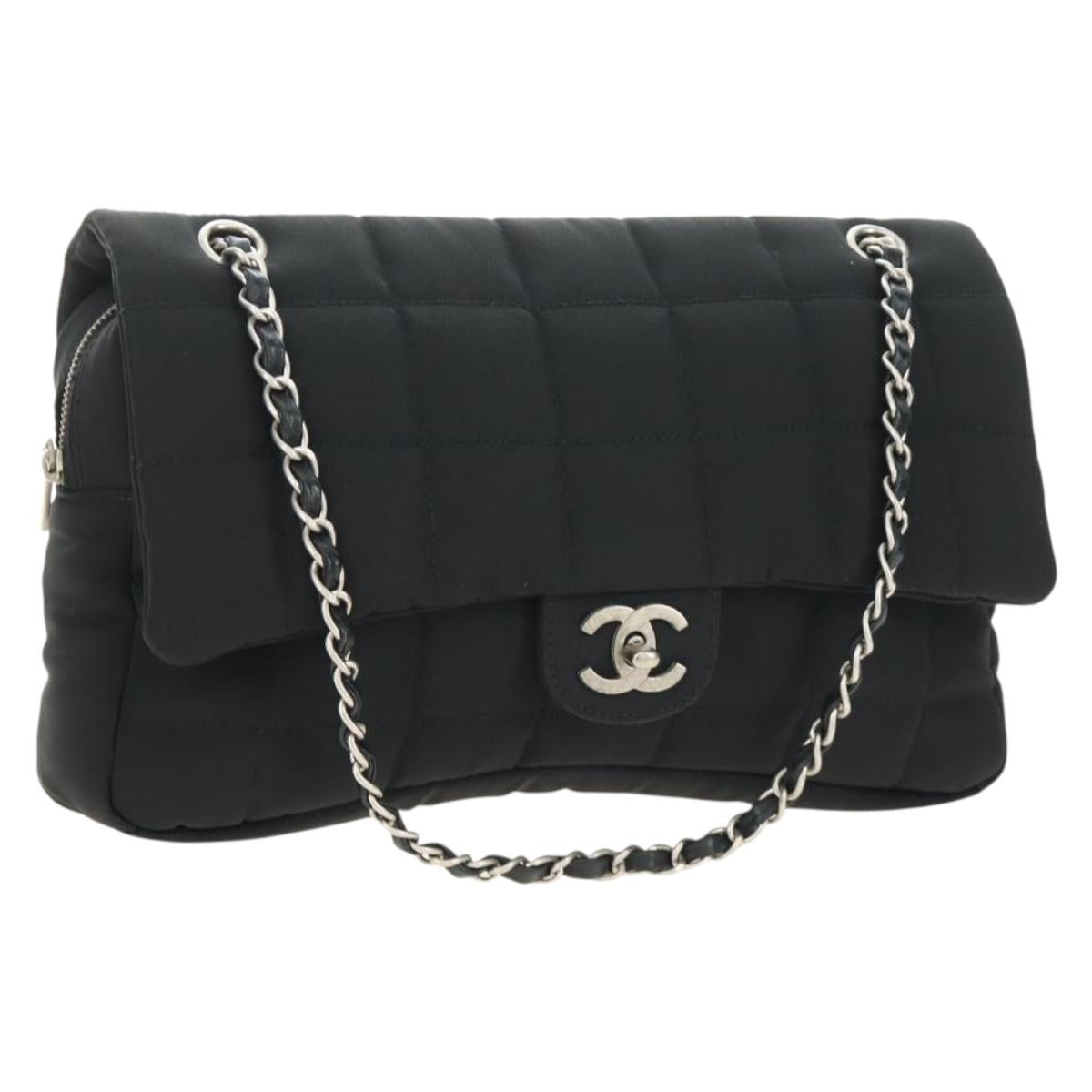 CHANEL Choco Bar Chain Shoulder Bag Cotton Jersey Black Silver CC Auth 189732V