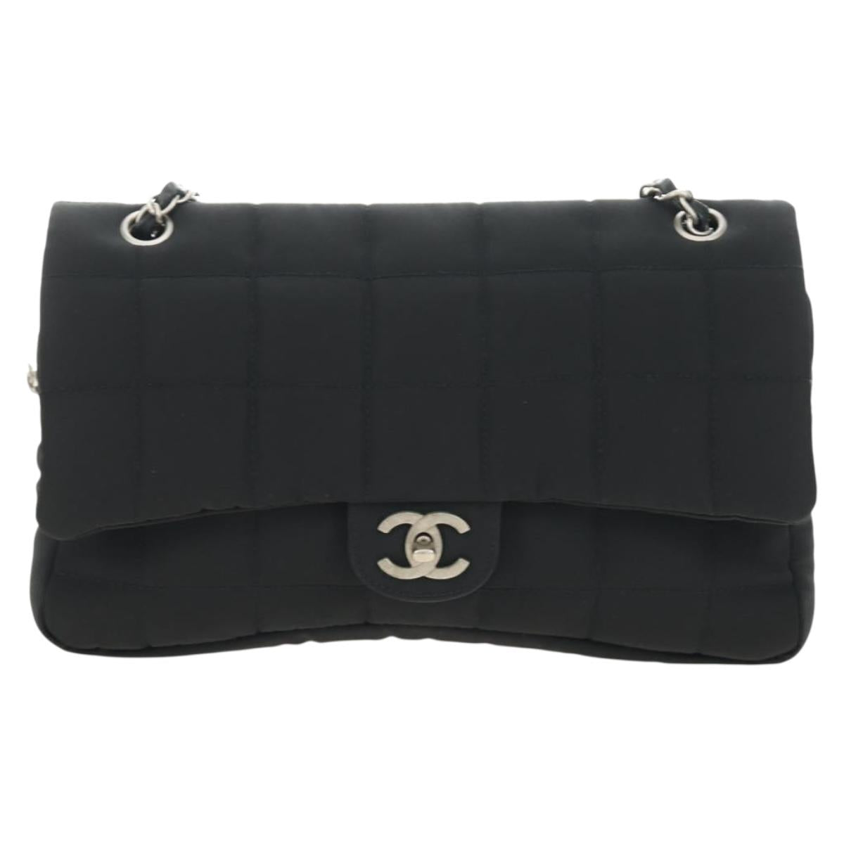 CHANEL Choco Bar Chain Shoulder Bag Cotton Jersey Black Silver CC Auth 189732V