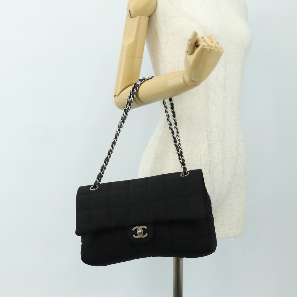 CHANEL Choco Bar Chain Shoulder Bag Cotton Jersey Black Silver CC Auth 189732V