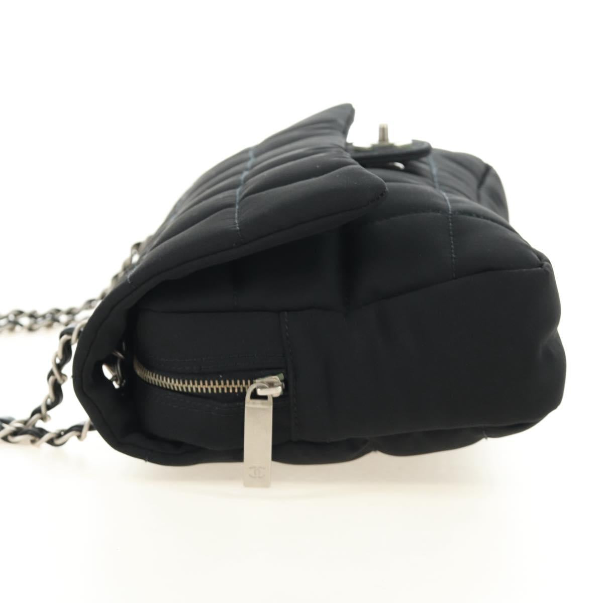 CHANEL Choco Bar Chain Shoulder Bag Cotton Jersey Black Silver CC Auth 189732V