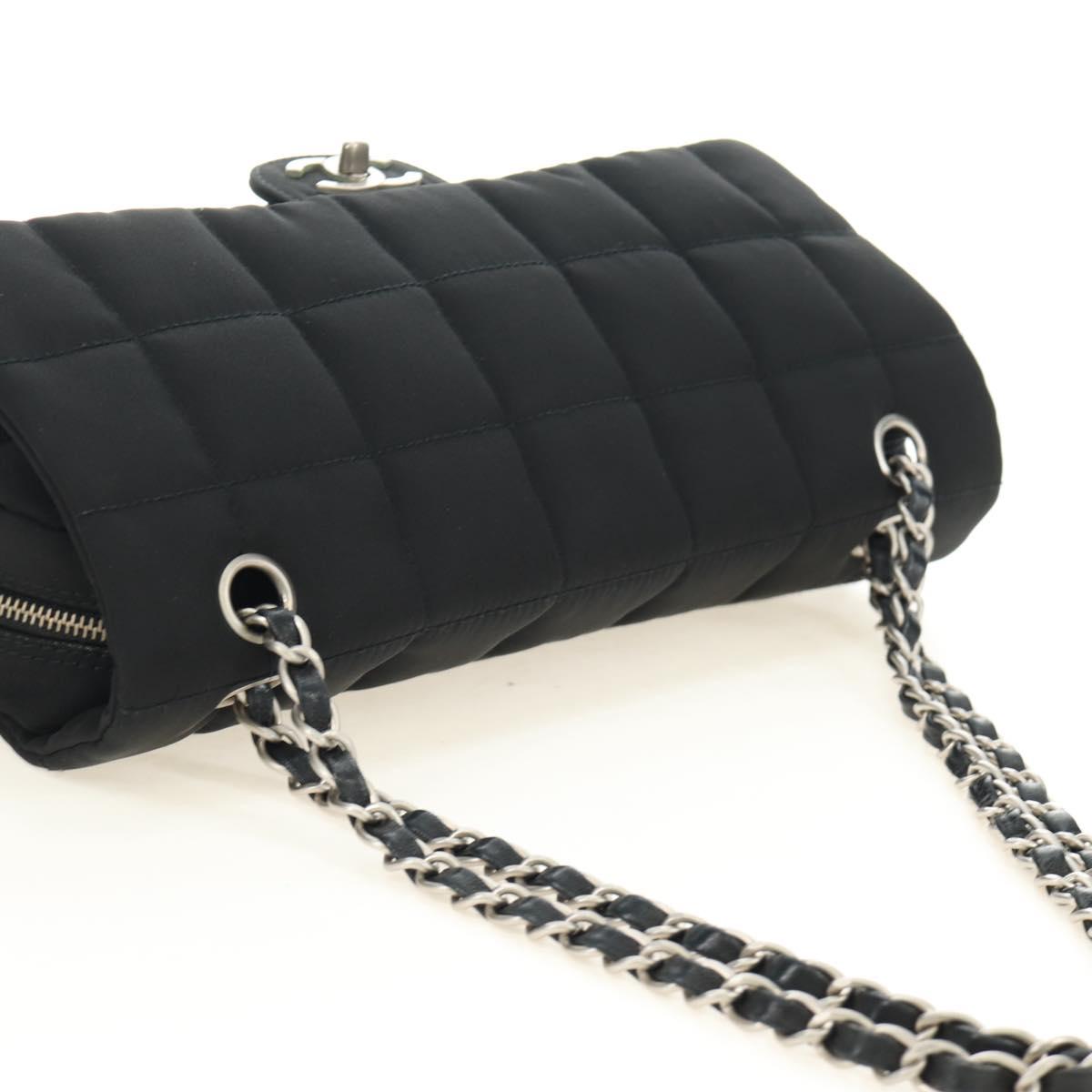 CHANEL Choco Bar Chain Shoulder Bag Cotton Jersey Black Silver CC Auth 189732V