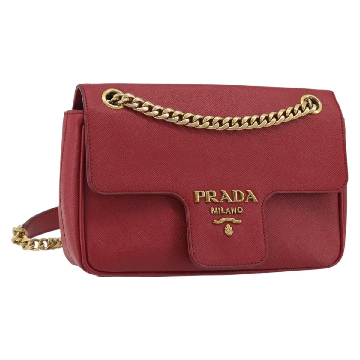 PRADA Chain Shoulder Bag Safiano Leather Red Gold Auth 189736