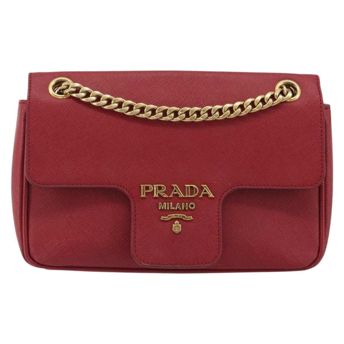 PRADA Chain Shoulder Bag Safiano Leather Red Gold Auth 189736