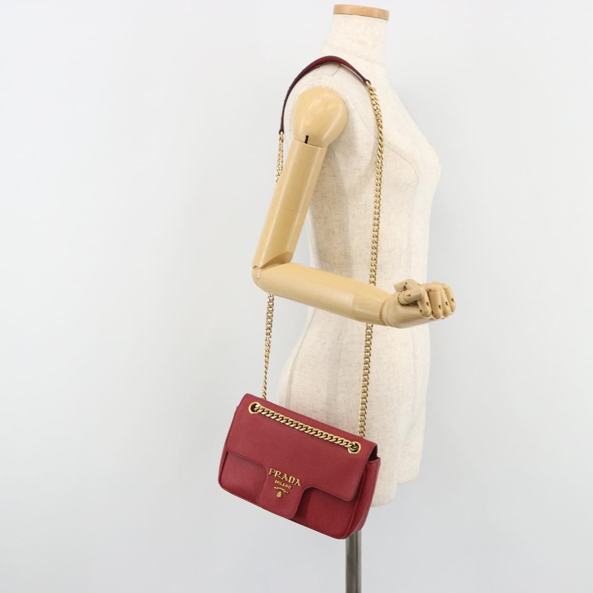 PRADA Chain Shoulder Bag Safiano Leather Red Gold Auth 189736