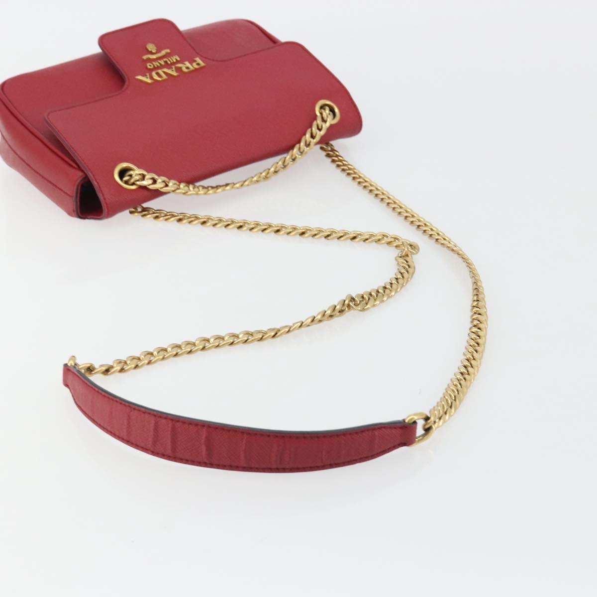 PRADA Chain Shoulder Bag Safiano Leather Red Gold Auth 189736
