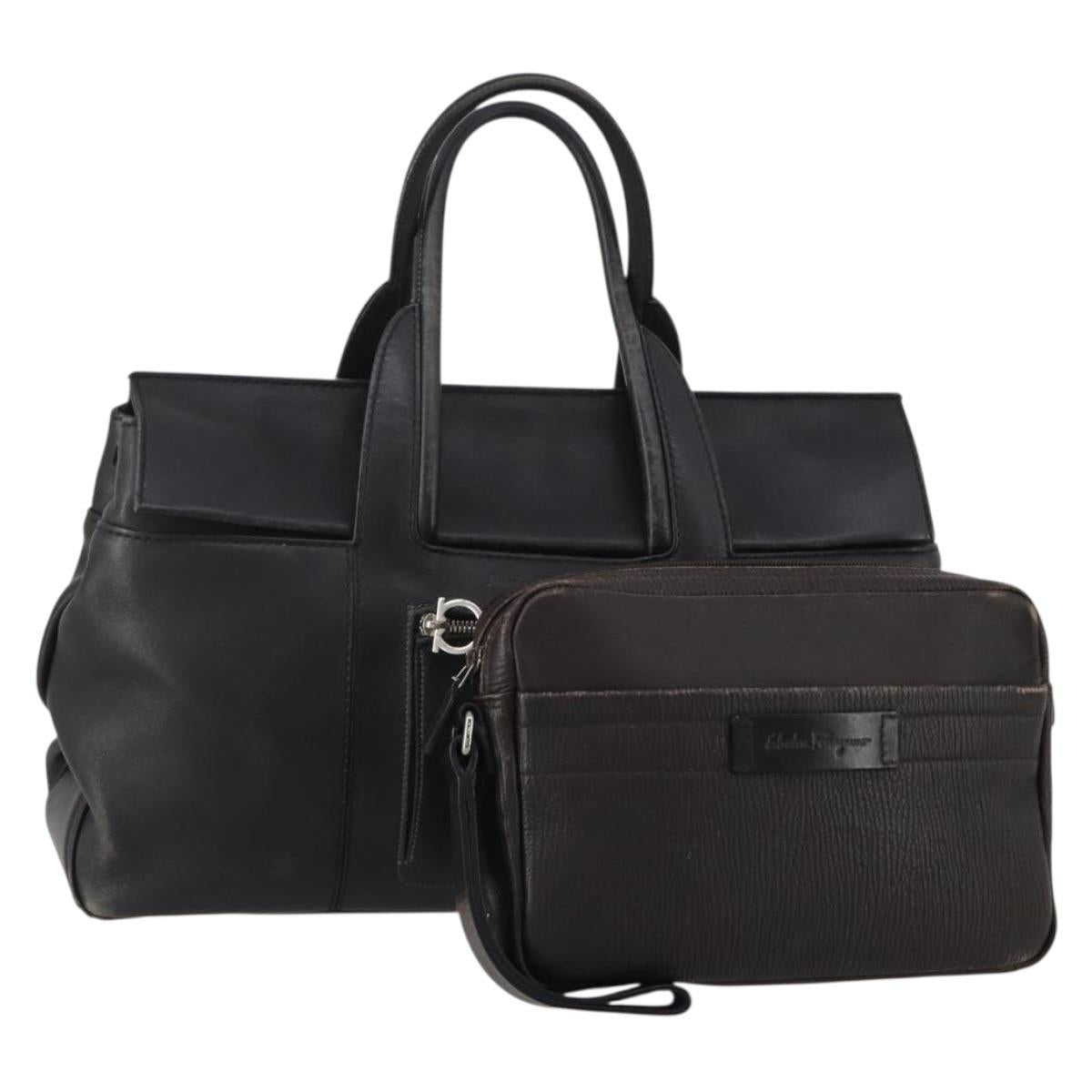 Salvatore Ferragamo Hand Bag Leather 2 Set Black Brown Auth 189737