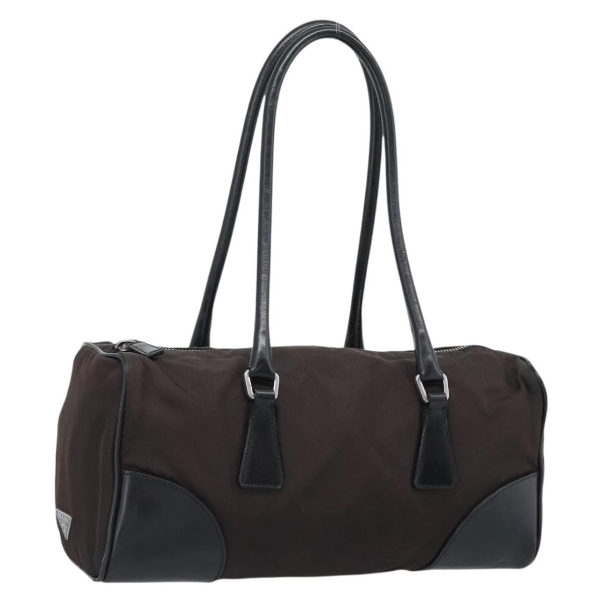 PRADA Hand Bag Nylon Brown Silver Auth 189743A