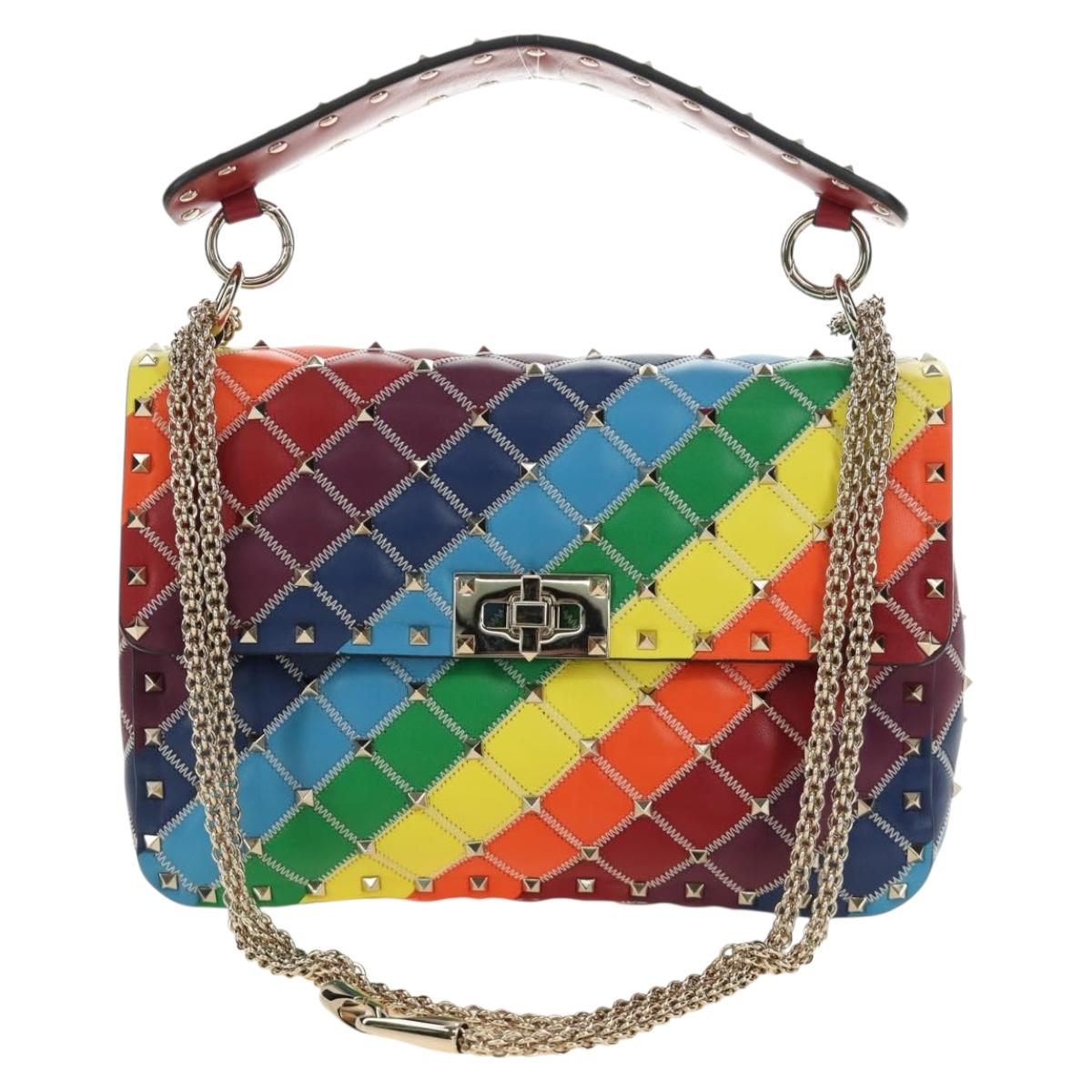VALENTINO Rock Studs Chain Bag Leather 2way Multicolor Gold Auth 189762M
