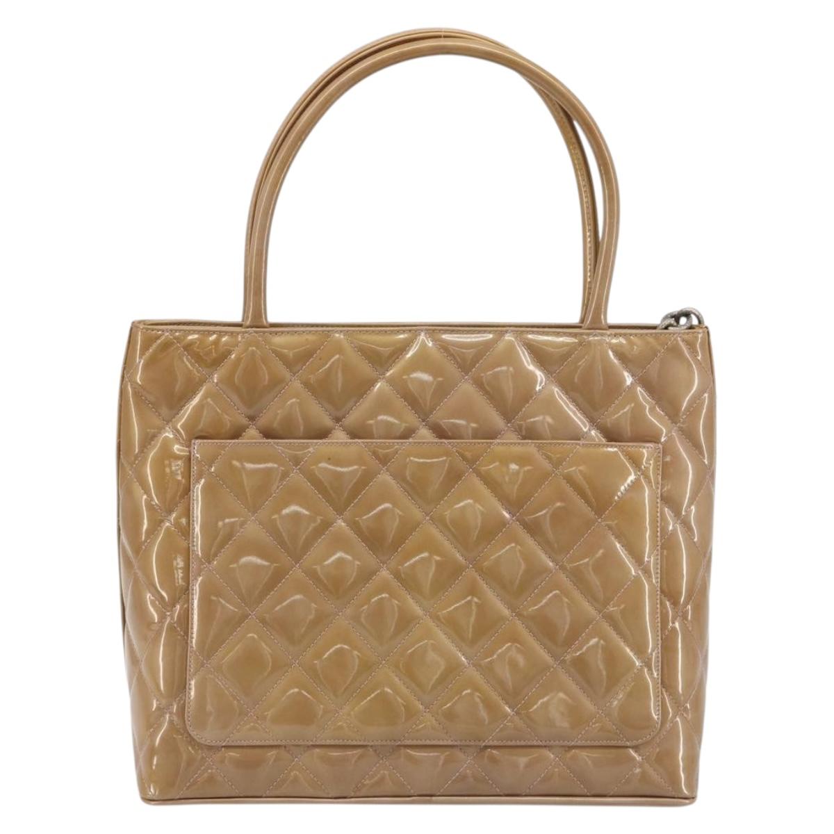 CHANEL Matelasse Reprint Tote Bag Patent leather Beige CC Auth 189771M