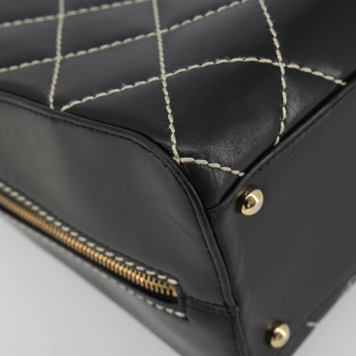 CHANEL Wild Stitch Hand Bag Leather Black Gold CC Auth 189773