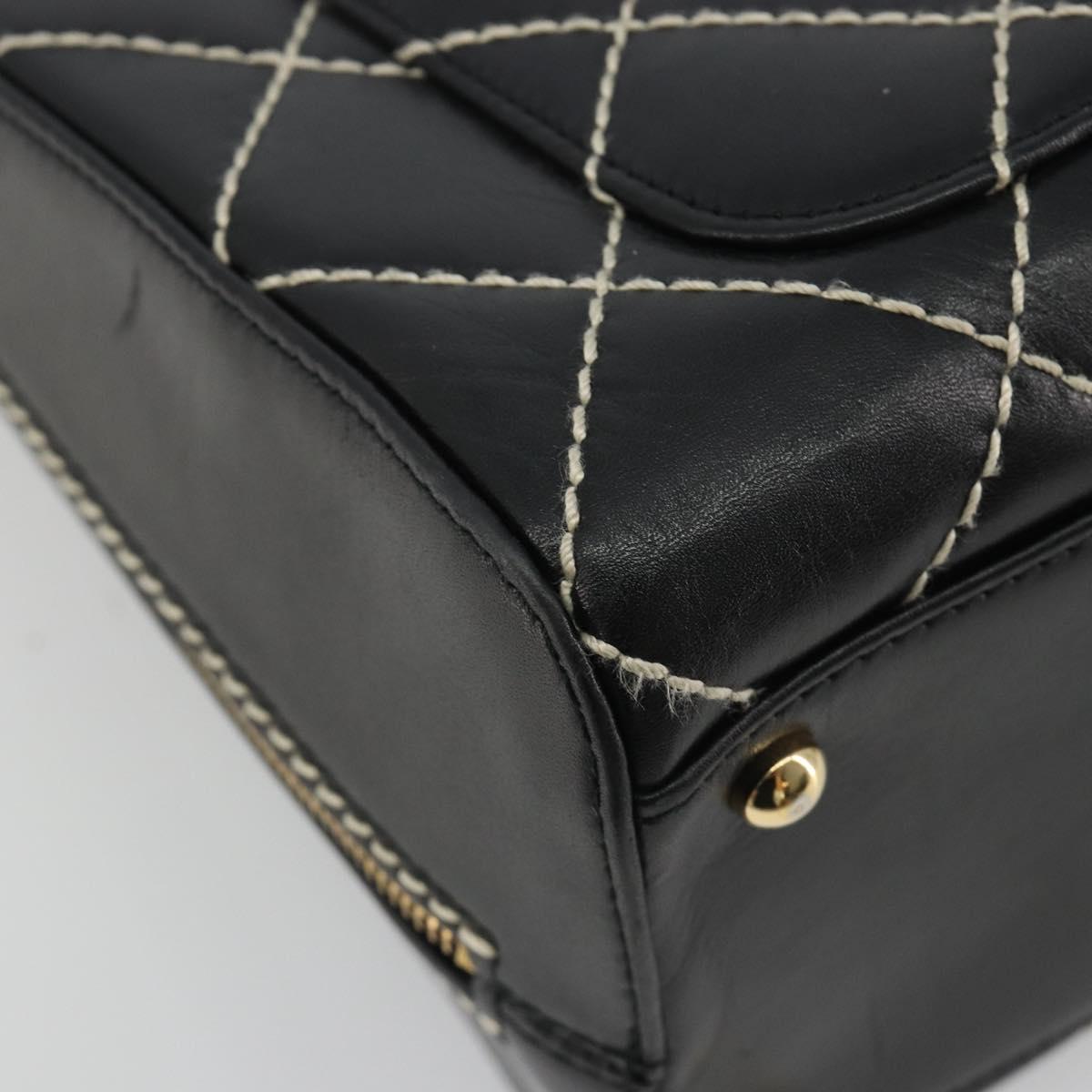 CHANEL Wild Stitch Hand Bag Leather Black Gold CC Auth 189773