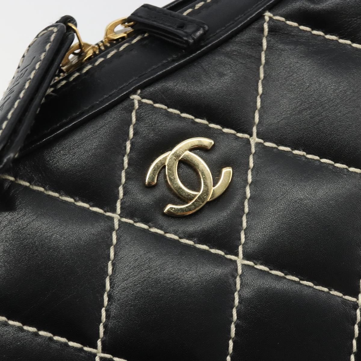 CHANEL Wild Stitch Hand Bag Leather Black Gold CC Auth 189773