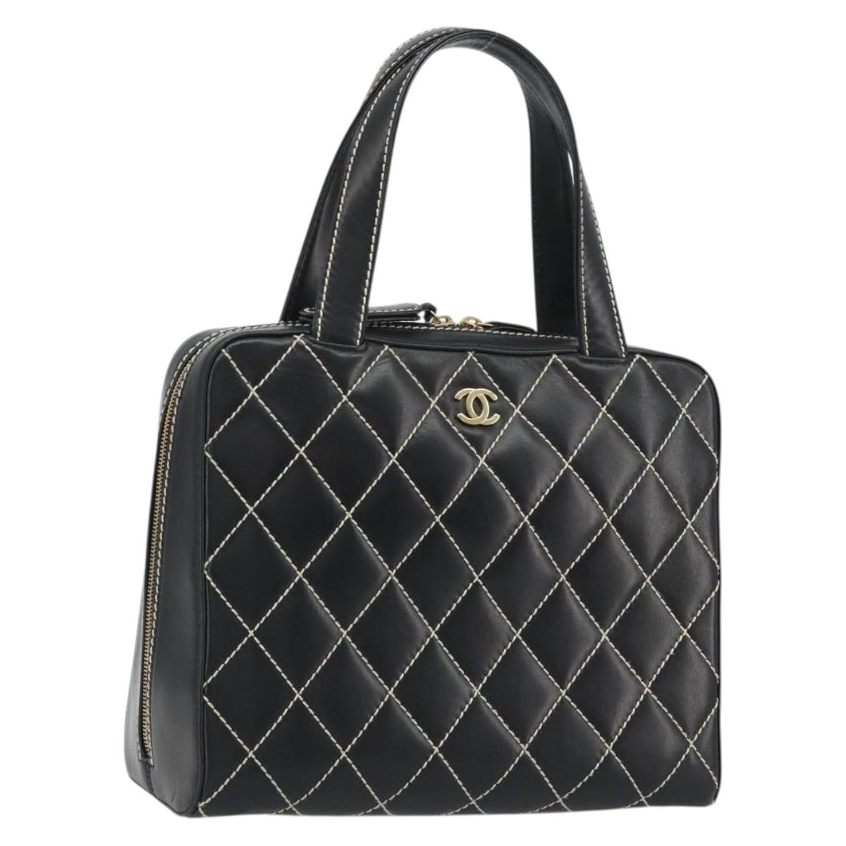 CHANEL Wild Stitch Hand Bag Leather Black Gold CC Auth 189773